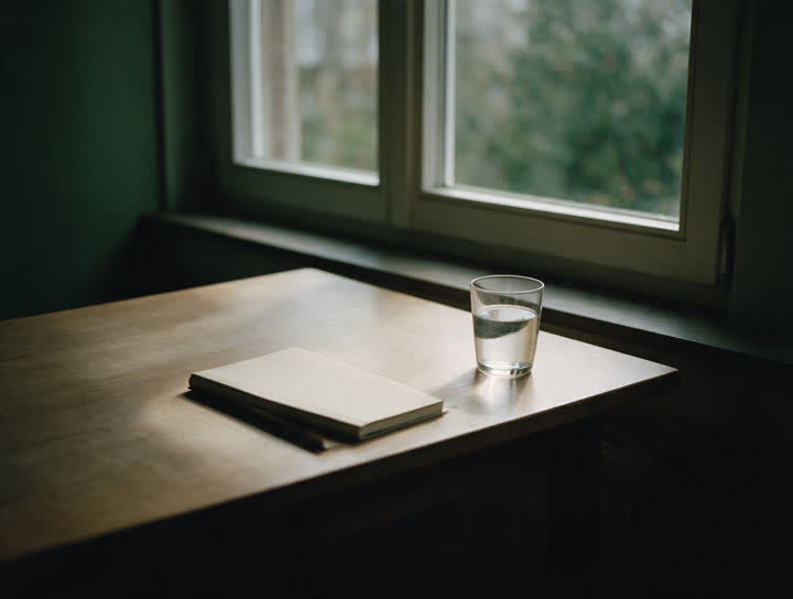 Ein Schreibtisch am Fenster, darauf ein aufgeschlagenes
                  Notizbuch und ein Glas Wasser